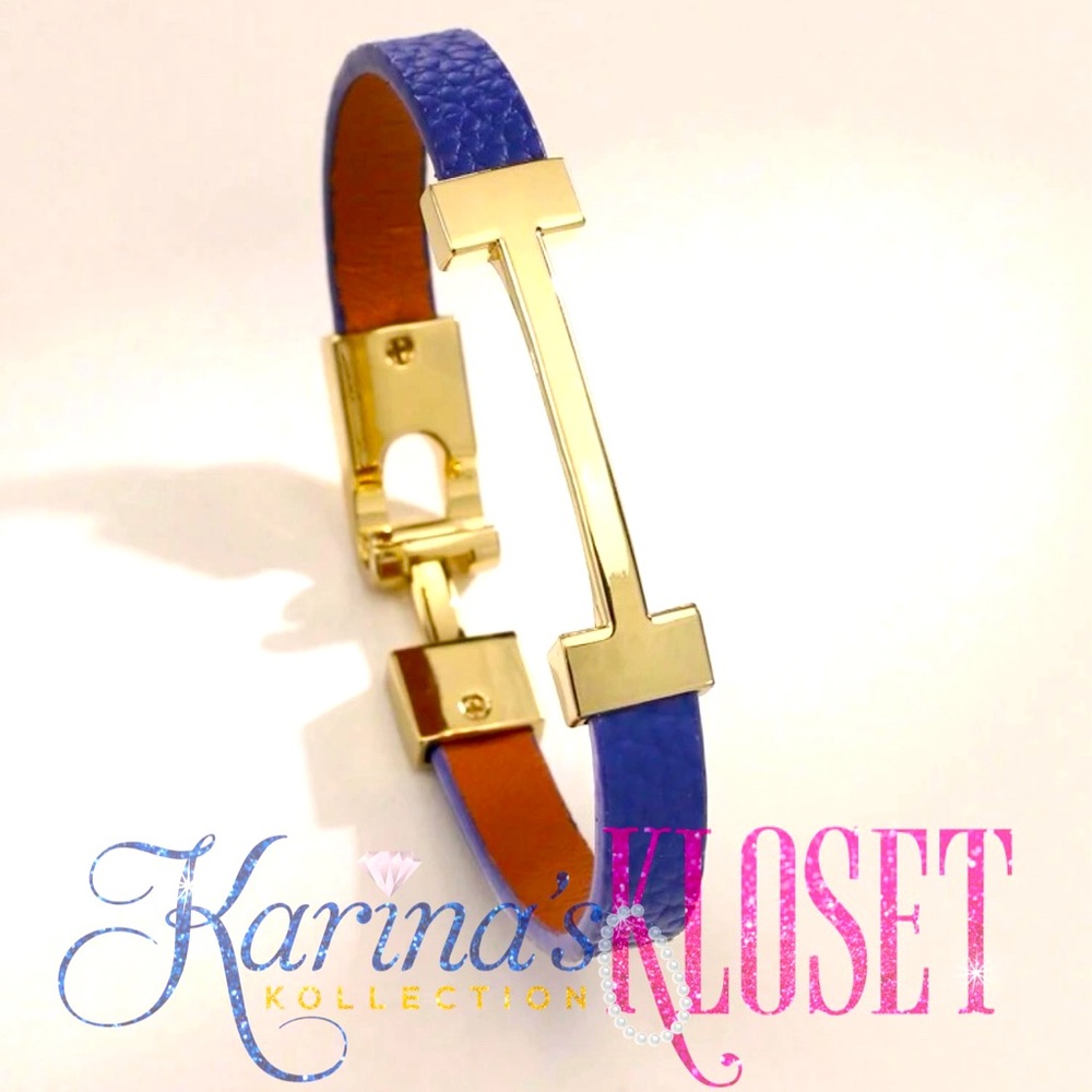 T Bar Gold & Royal Blue Vegan Leather Bracelet 🎀